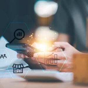 Marketer showing SEO concept ,optimization analysis tools , search engine rankings , social media sites based on results analysis data ,Website Search Optimization ,online marketing strategy